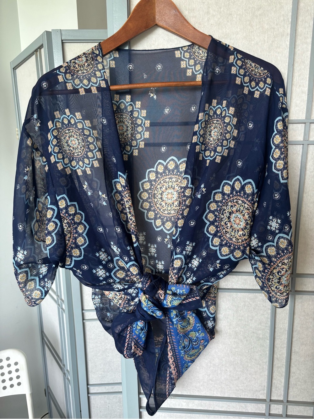Navy Floral Medallion Sheer Tie-Front Cover-up